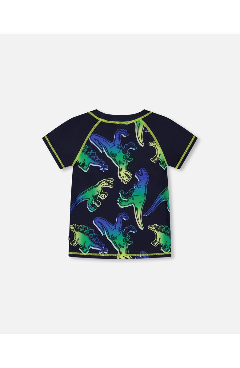 Deux par Deux Baby Boy's Short Sleeve Rashguard Blue And Green Dino On Navy, Alternate, color,