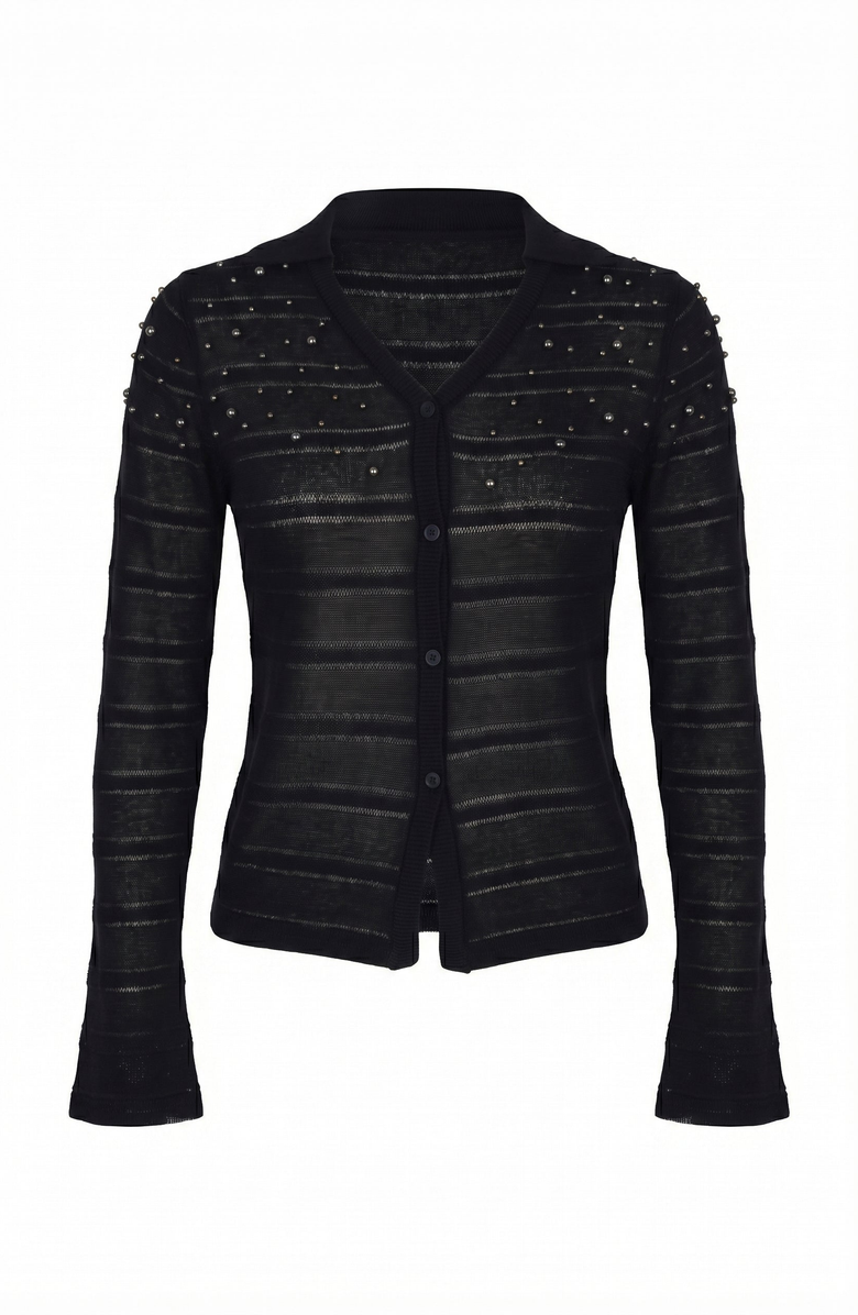 Modenaire Embellished Knit Cardigan with V Neck Silhouette, Alternate, color, Black