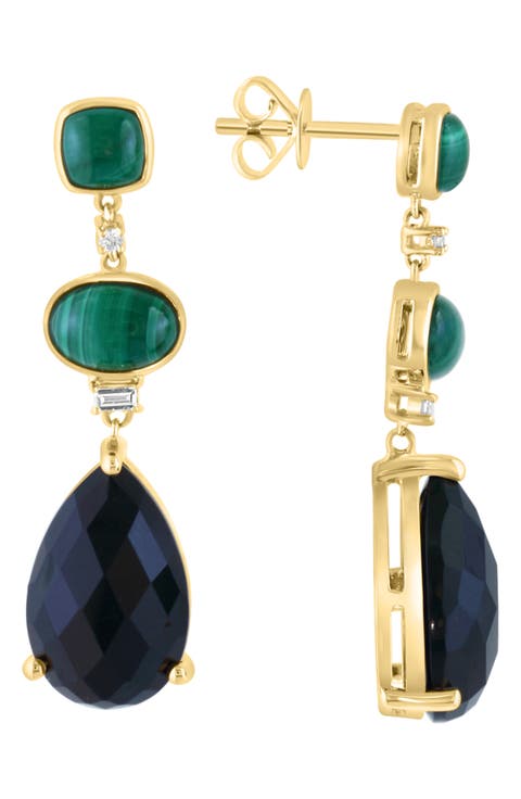 Jade, Onyx & Diamond Drop Earrings