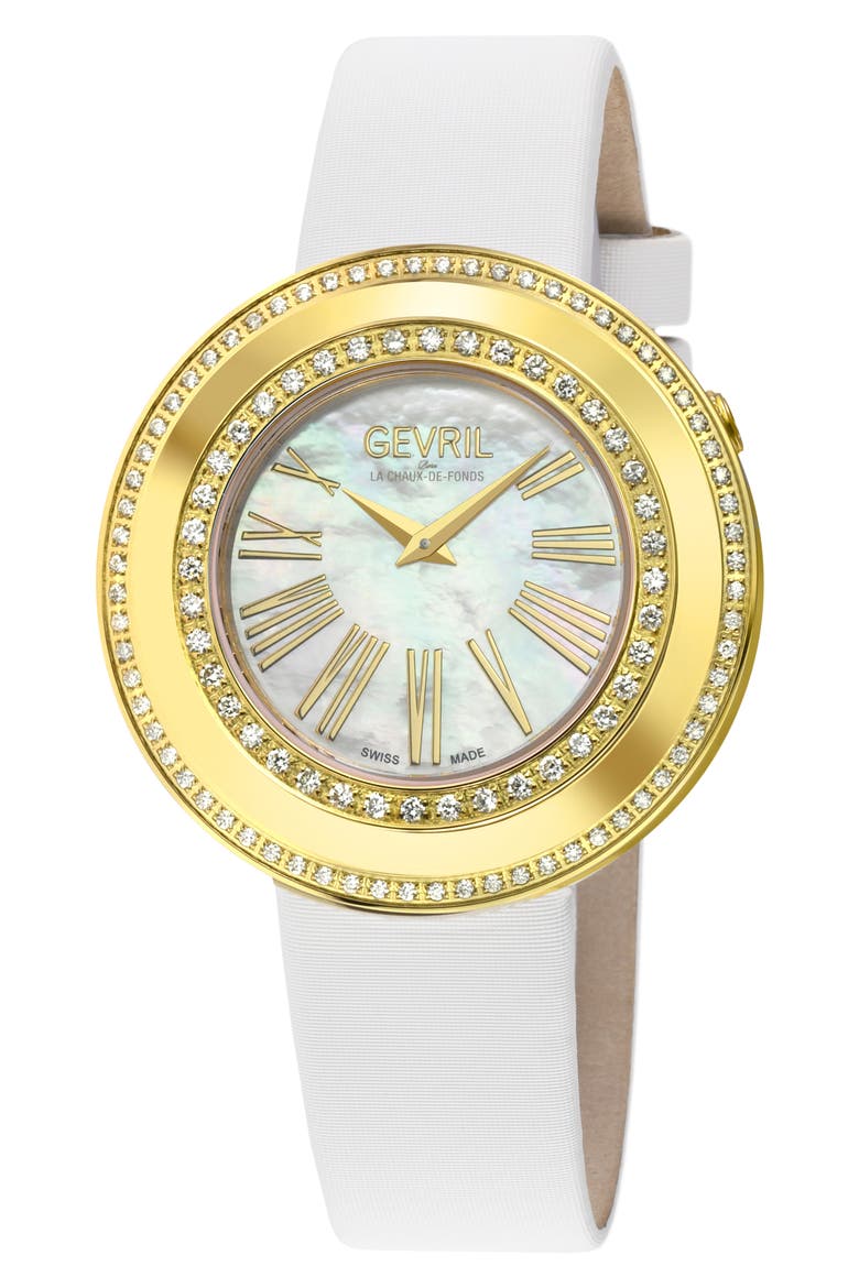 Gandria Mother of Pearl Dial Diamond Leather Strap Watch, 36mm - 0.8424ct., Main, color, WHITE