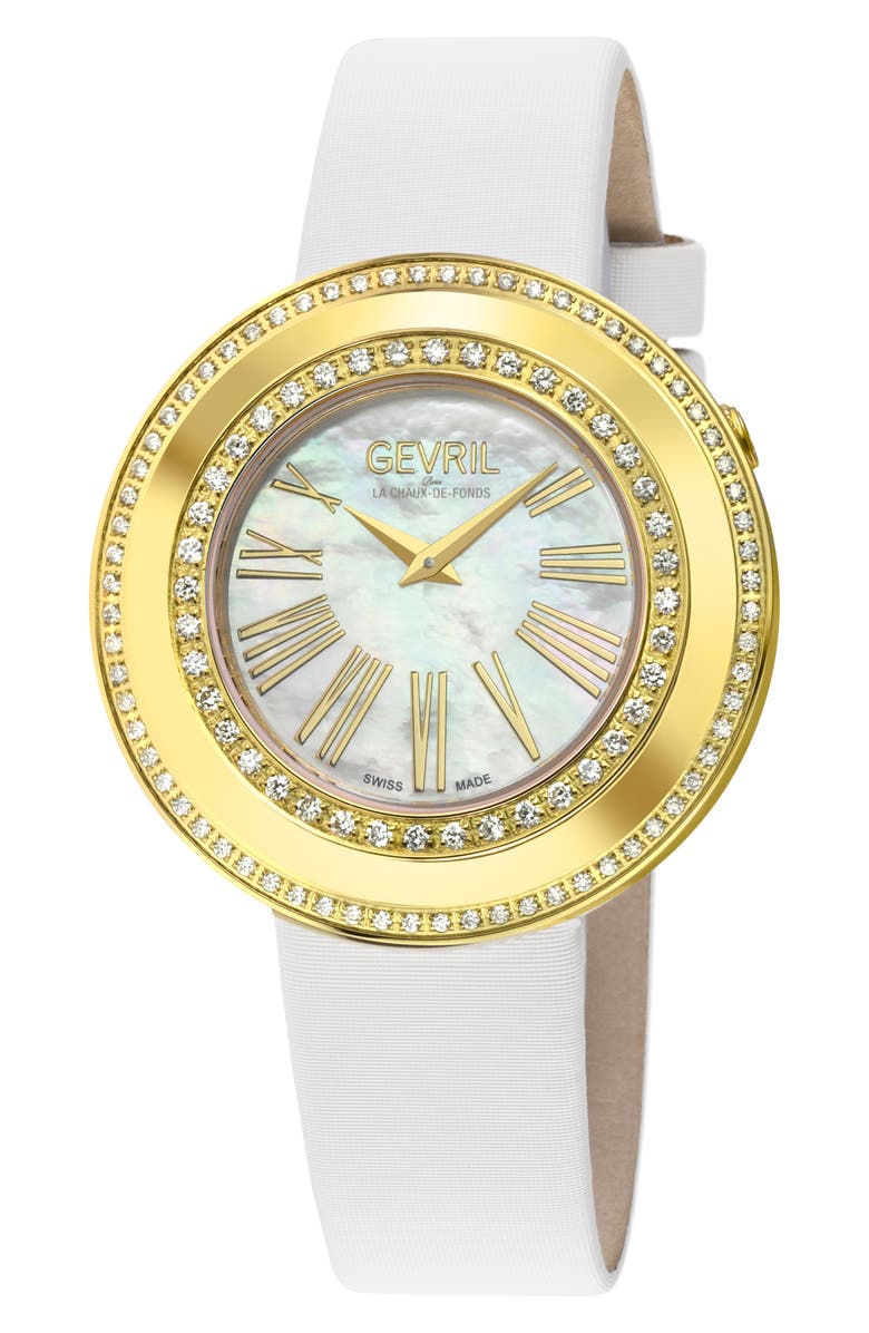 GEVRIL Gandria Mother of Pearl Dial Diamond Leather Strap Watch, 36mm - 0.8424ct., Main, color, White