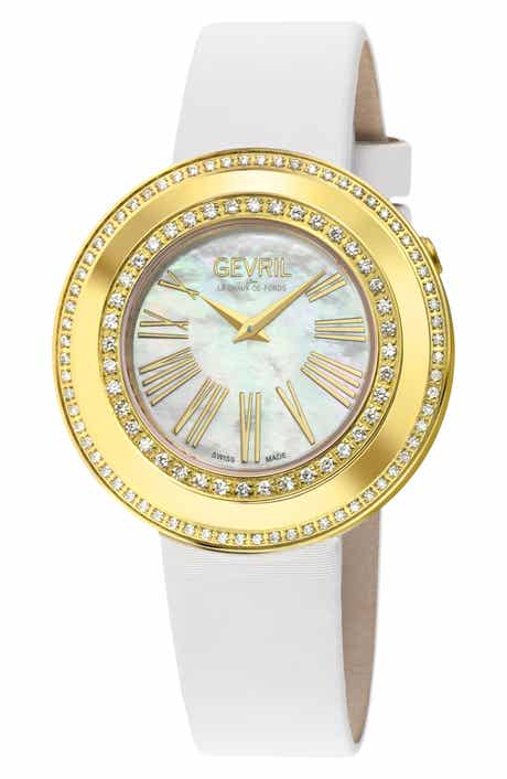 GEVRIL Gandria Mother of Pearl Dial Diamond Leather Strap Watch, 36mm - 0.8424ct.