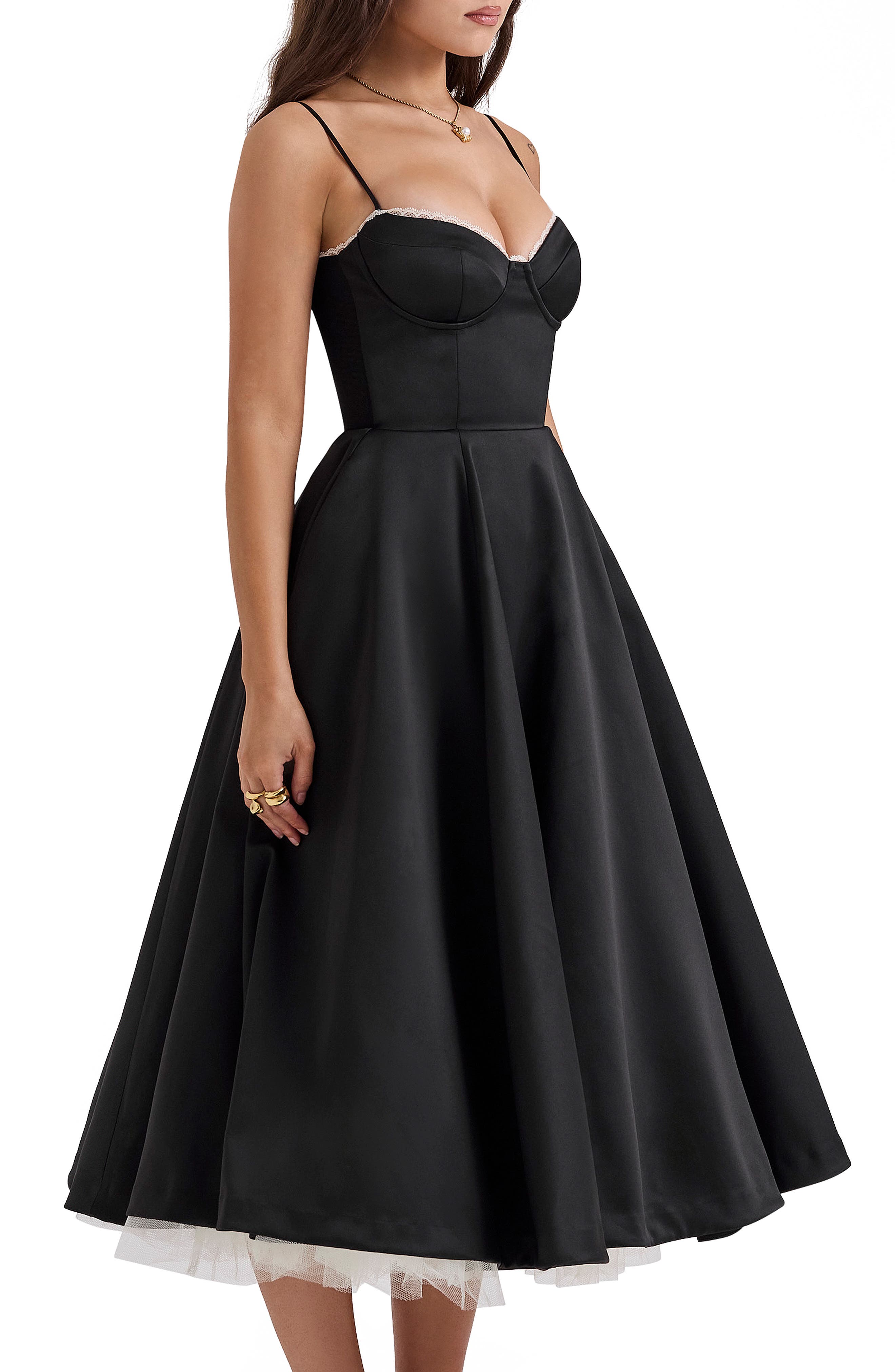 House OF CB Mademoiselle Bustier Stretch Satin Midi Dress in Rose Print at Nordstrom, Size X-Large