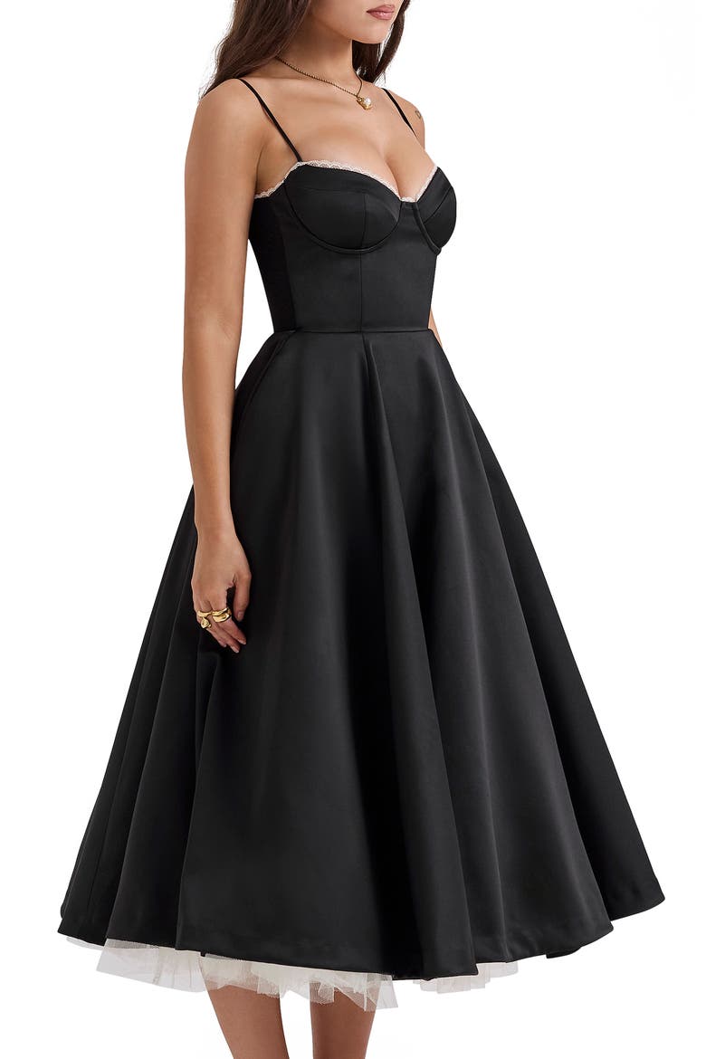 Mademoiselle Bustier Stretch Satin Midi Dress, Alternate, color, BLACK