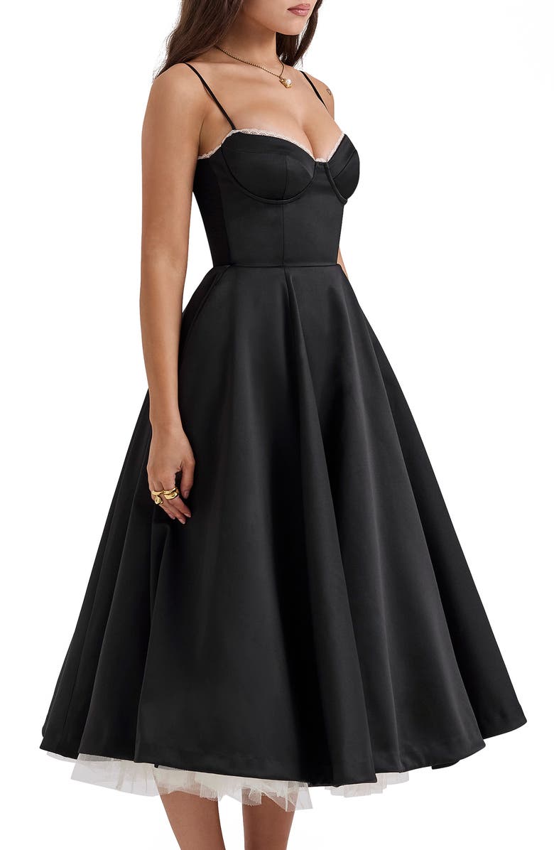 HOUSE OF CB Mademoiselle Bustier Stretch Satin Midi Dress, Alternate, color, Black
