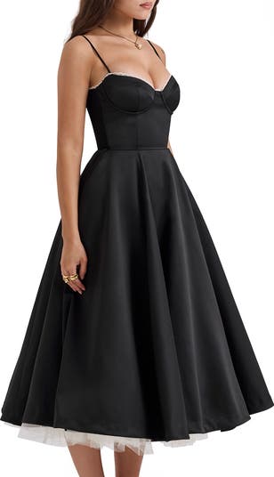 Mademoiselle Bustier Stretch Satin Midi Dress