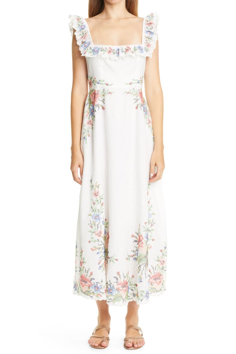 Juliette Cross Stitch Floral Midi Dress, Main, color, IVORY