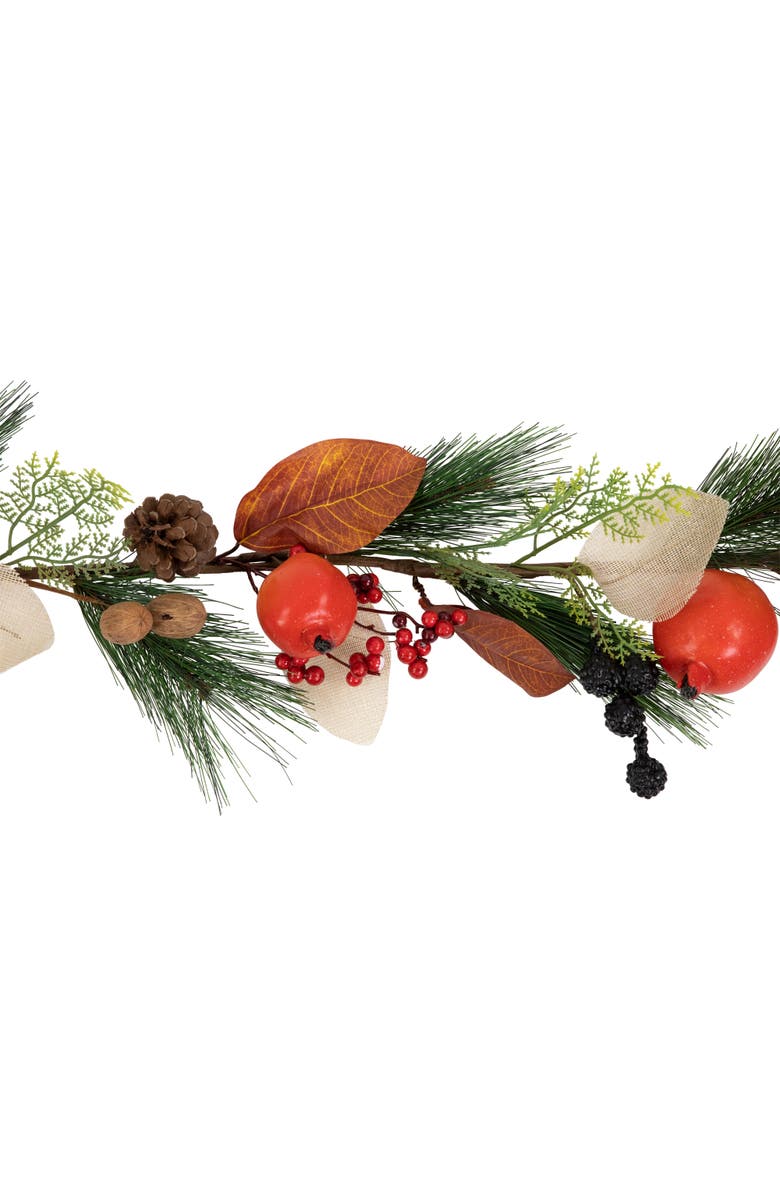 Northlight Mixed Berry, Leaves and Pomegranate Fall Harvest Garland - 6' x 10" - Green and Orange, Alternate, color, 