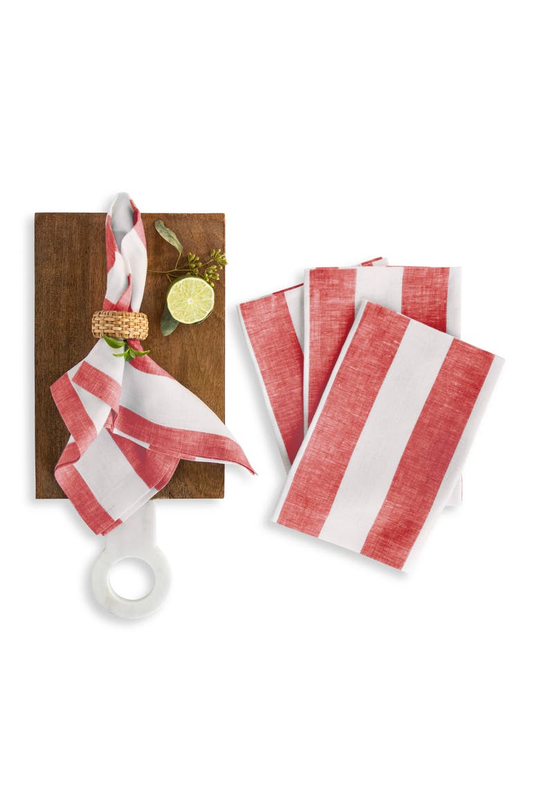 Linen Dinner Napkins Set of 4, 20 x 20" - Cabana Stripe, Main, color, Red and White