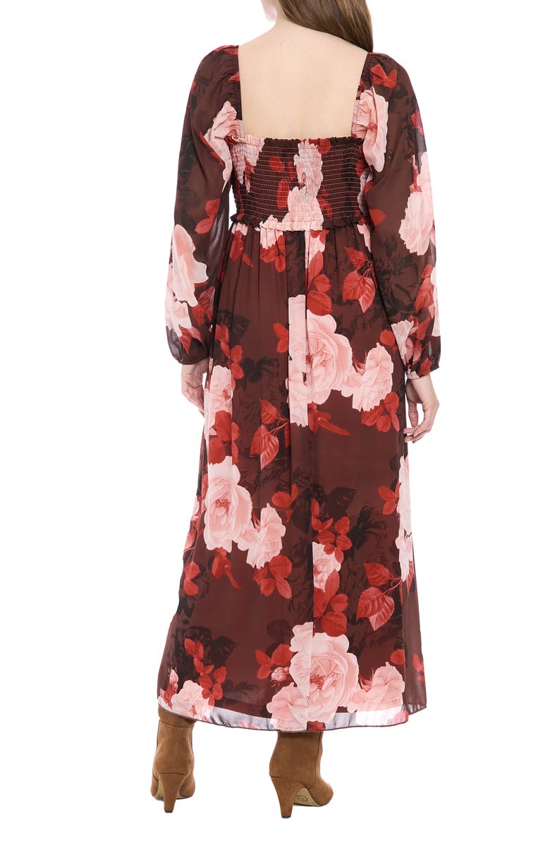 London Times Bishop Sleeve Smocked Back Maxi Dress, Alternate, color, Chocolate/ Blush