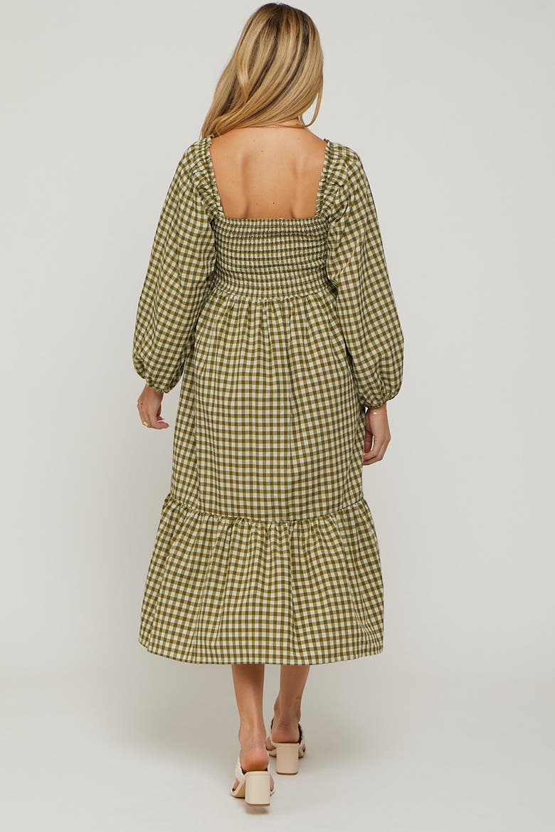 Gingham Long Sleeve Midi Dress, Alternate, color, Olive Green