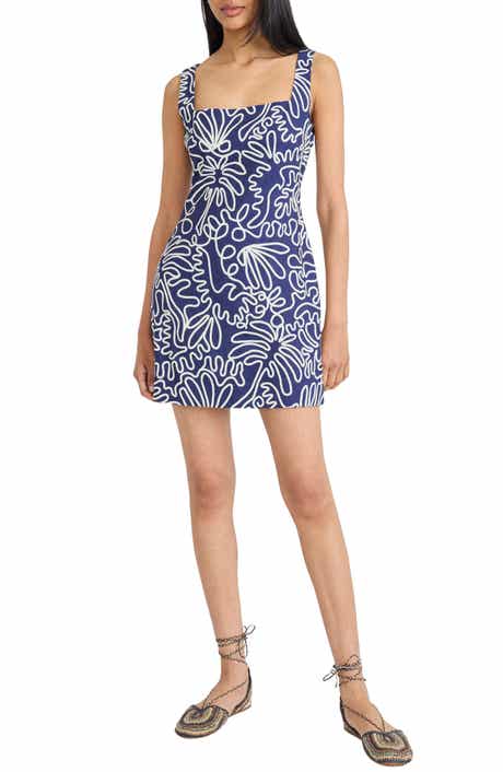 Squiggle Print Square Neck Linen Blend Minidress
