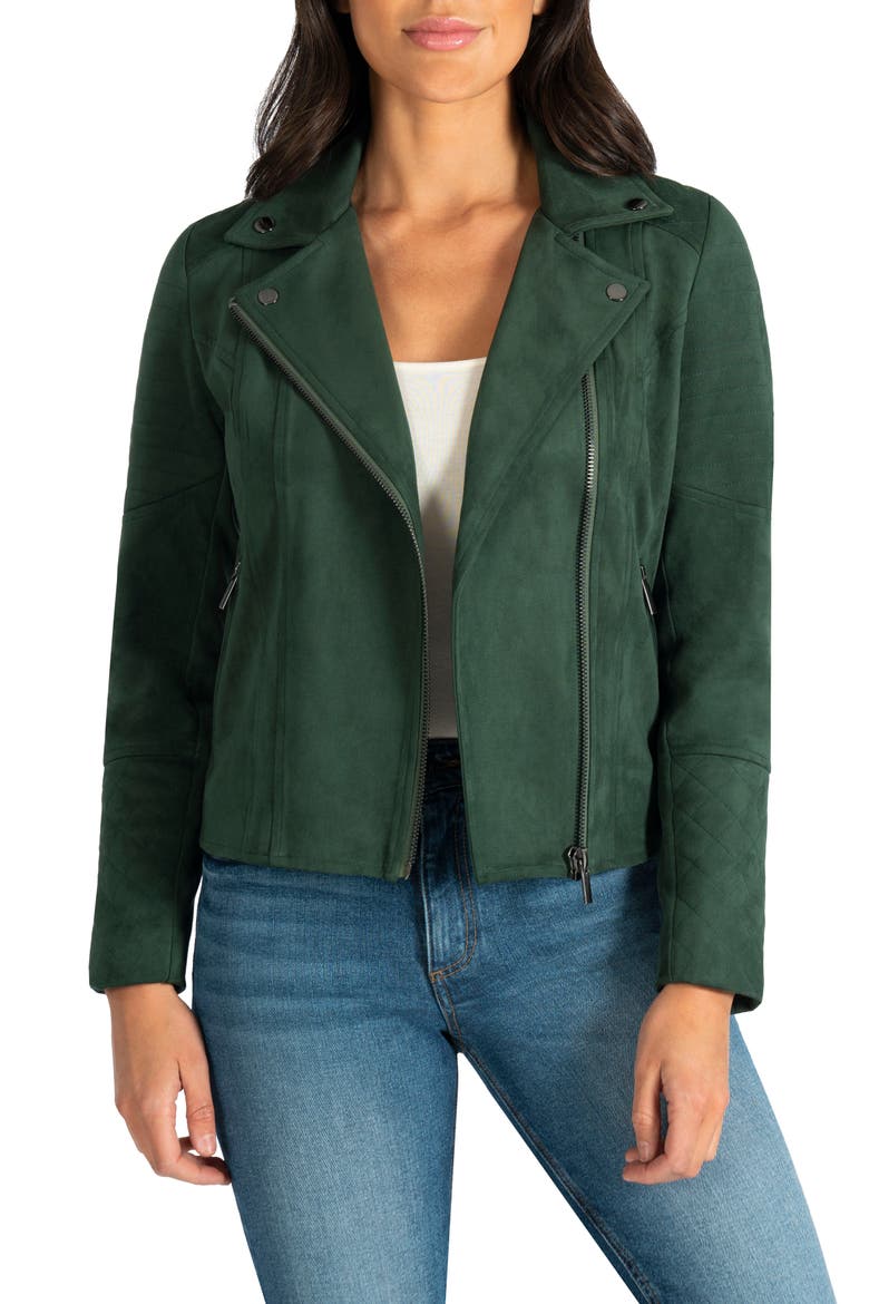 Quilted Panel Faux Suede Moto Jacket, Main, color, HUNTER