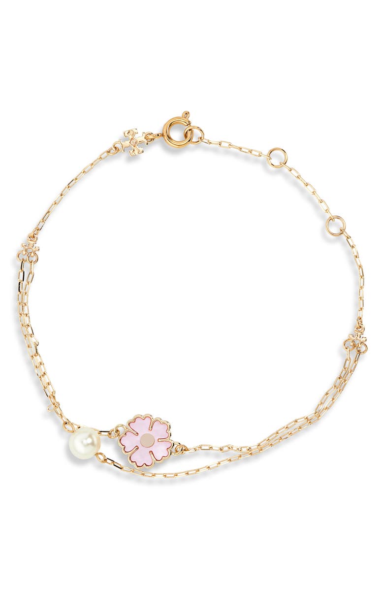 Tory Burch Kira Faux Pearl & Clover Charm Bracelet, Main, color, 