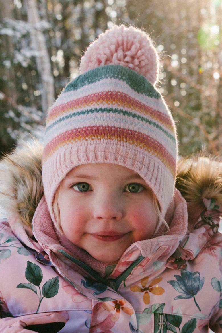 Peruvian Jacquard Fleece-Lined Earflap Knit Hat with Pompom, Alternate, color, Pink and Green Jacquard