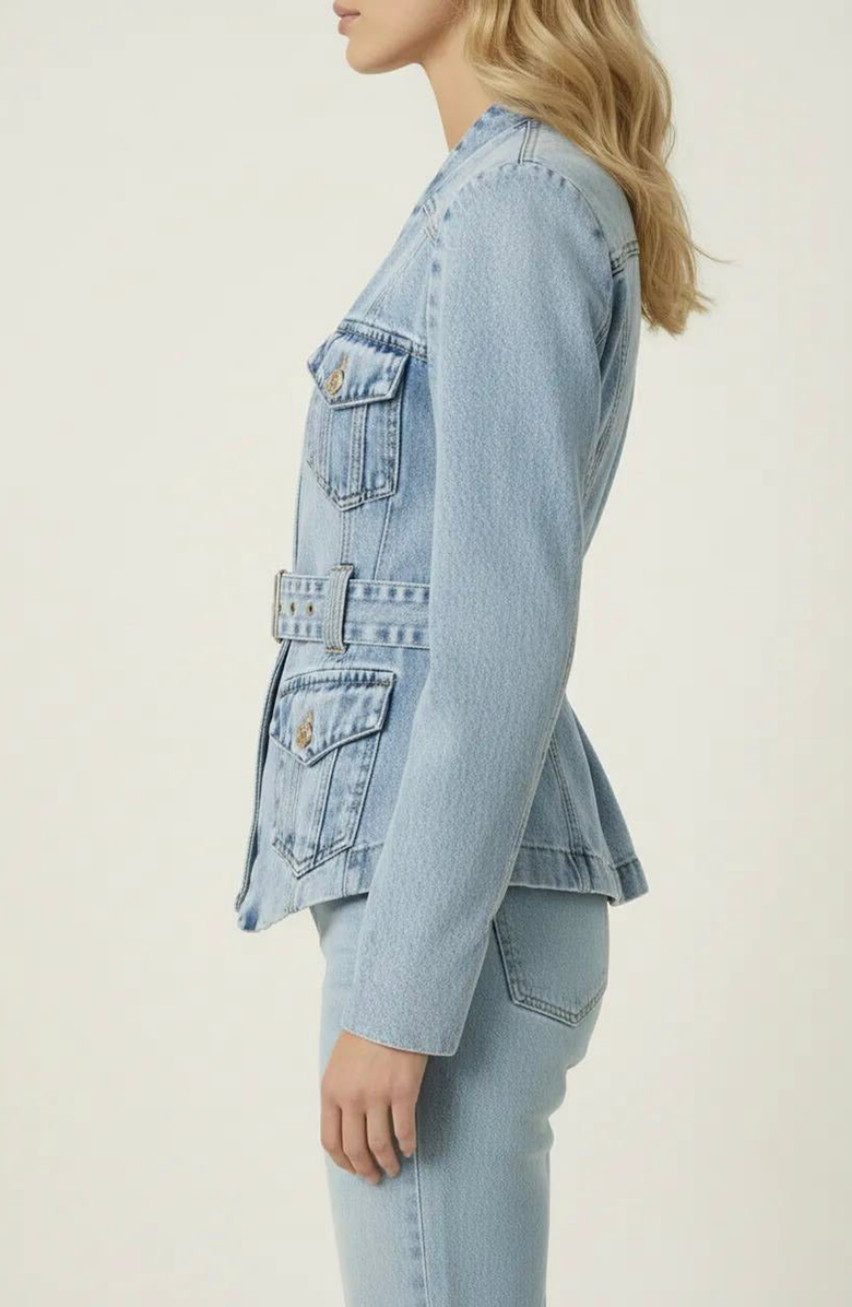 Modenaire Denim Blazer with Belted Waist and Utility Pocket Detail, Alternate, color, Light Wash Blue