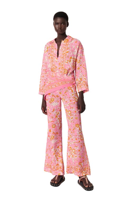 Maje Patterned Flowing Linen Shirt In Orange Pink Flowers Print