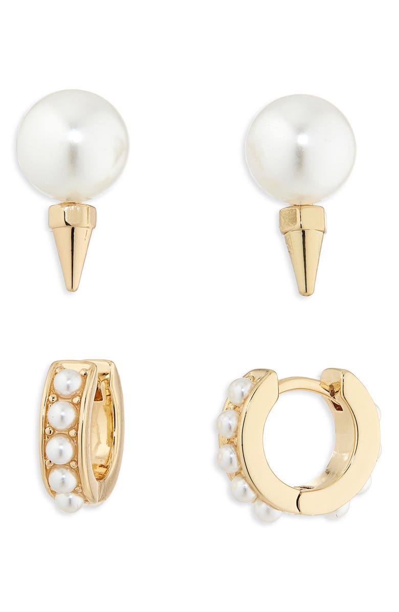AllSaints Set of 2 Faux Pearl Stud & Huggie Hoop Earrings, Main, color, Gold/ Pearl