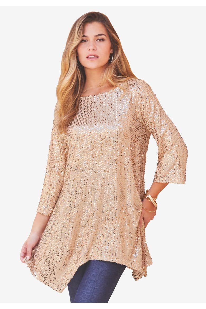 Handkerchief Hem Sequin Tunic, Alternate, color, SPARKLING CHAMPAGNE