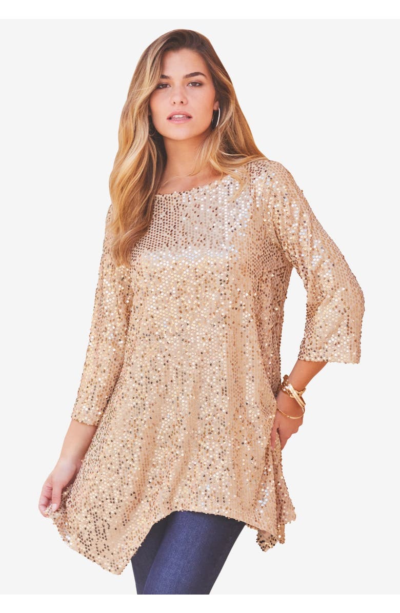 Roaman's Handkerchief Hem Sequin Tunic, Alternate, color, Sparkling Champagne