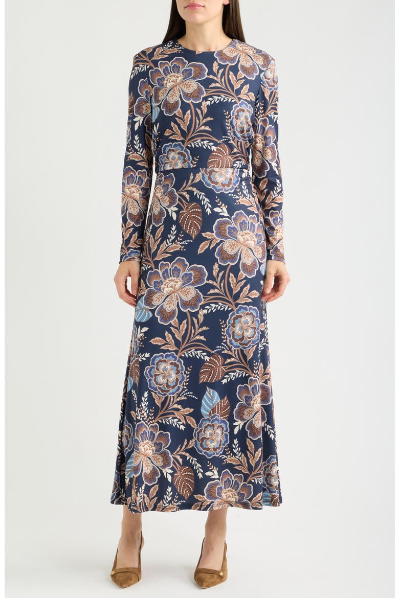 Floral Long Sleeve Velvet Midi Dress, Main, color, NAVY MULTI