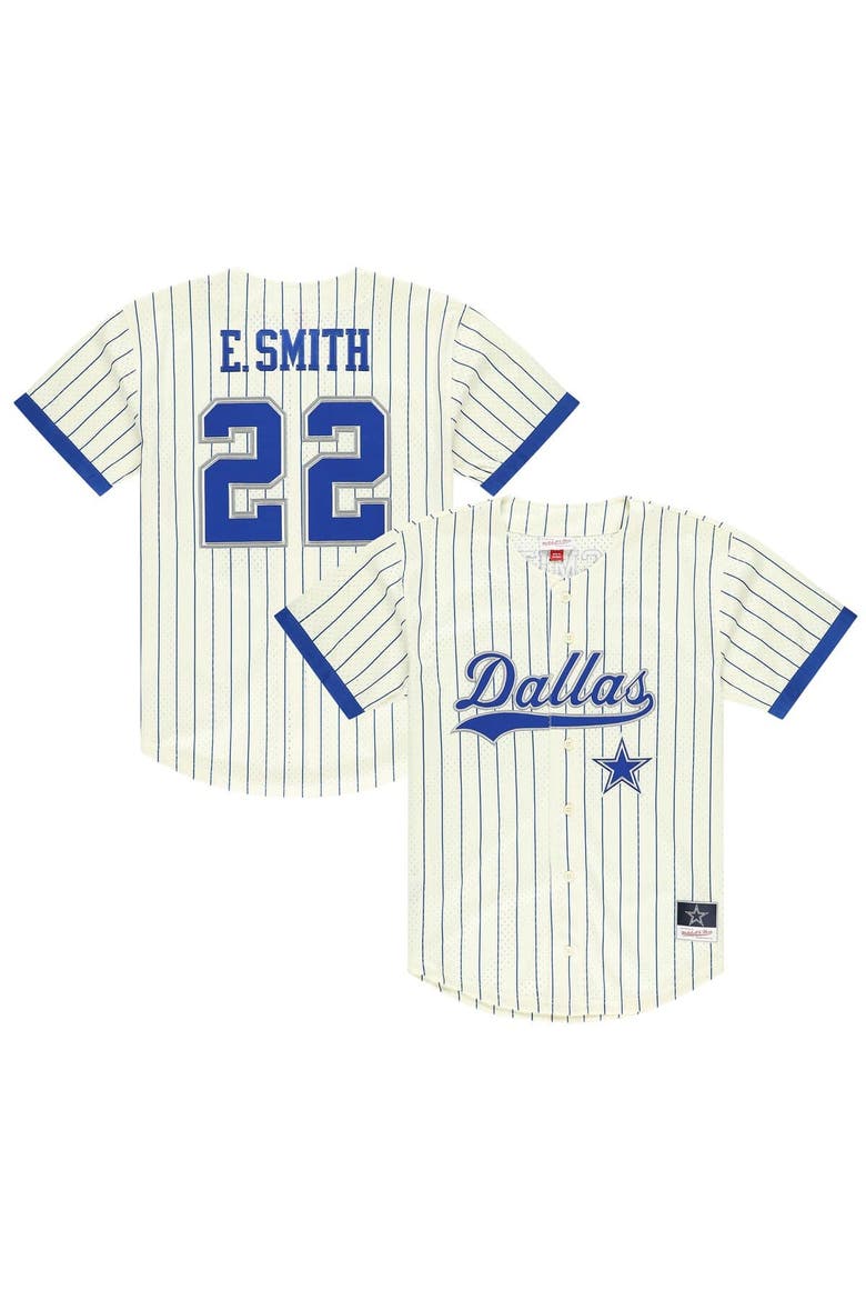 Men's Mitchell & Ness Emmitt Smith Cream Dallas Cowboys Name & Number Mesh Button-Up Baseball Jersey, Main, color, Cream