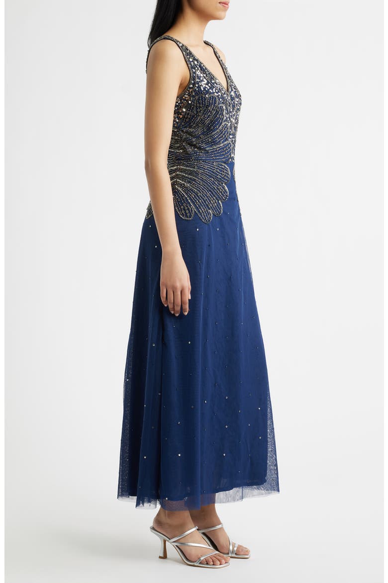 Beaded Sleeveless Chiffon Dress, Alternate, color, DENIM