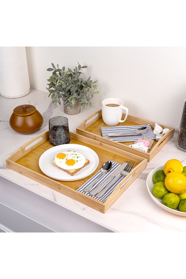 Elora Set of 2 Handcrafted Nesting  Serving Trays with Handles, Alternate, color, Natural