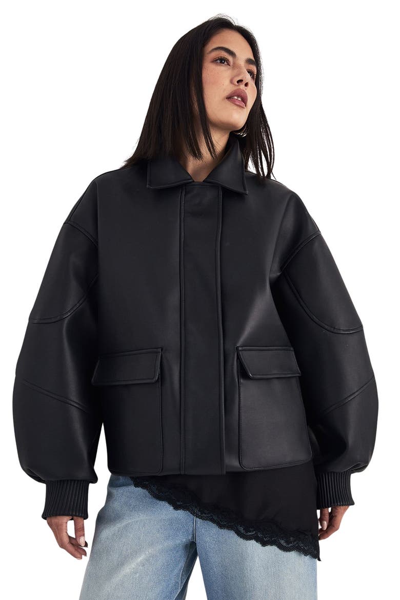 Longline Faux Leather Bomber Jacket, Main, color, Black