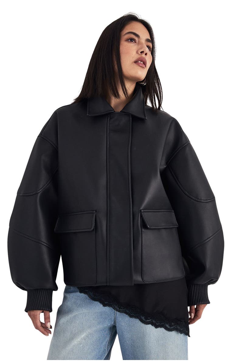 NASTY GAL Longline Faux Leather Bomber Jacket, Main, color, Black