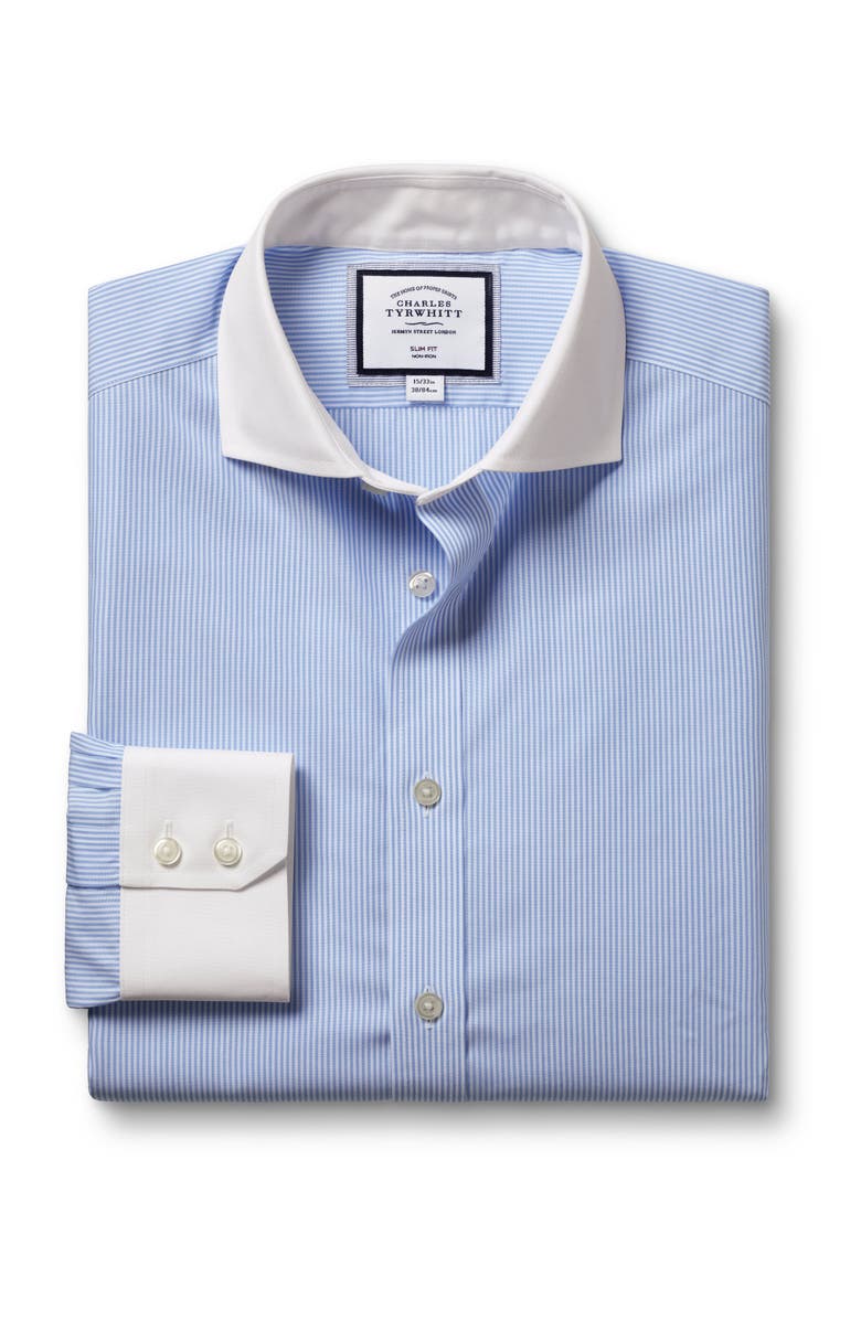 Charles Tyrwhitt Winchester Bengal Stripe Non-Iron Poplin Slim Fit Shirt Single Cuff, Alternate, color, Sky Blue