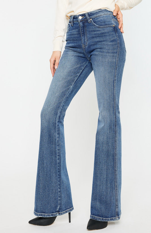 Kancan Jessica Denim Flare Jeans In Medium Stone Wash In Medium Wash