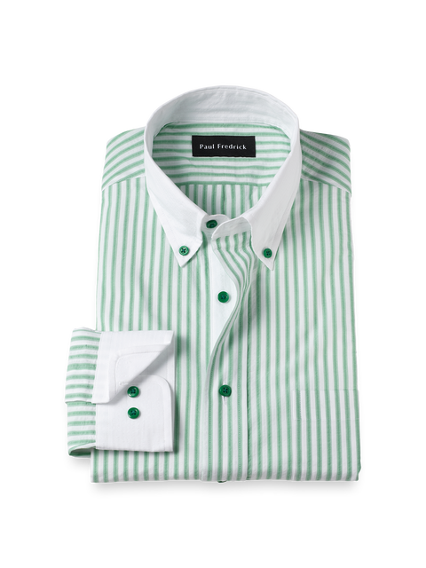 Cotton Buttondown Collar Broadcloth Classic Contrast Trim Button Cuff Long Sleeve Shirt