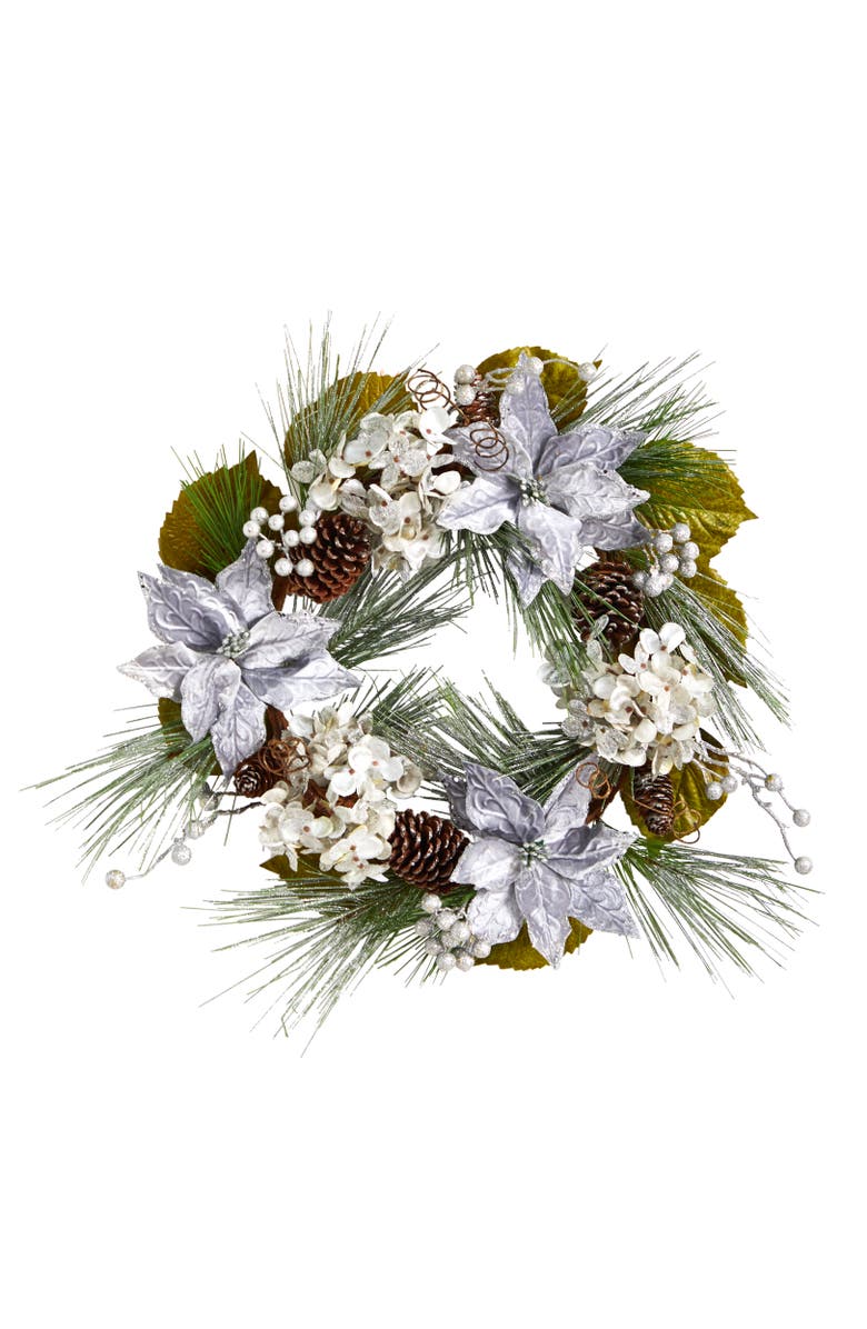 NEARLY NATURAL 24-in Silver Poinsettia, Hydrangea and Pinecones Artificial Christmas Wreath, Main, color, Silver