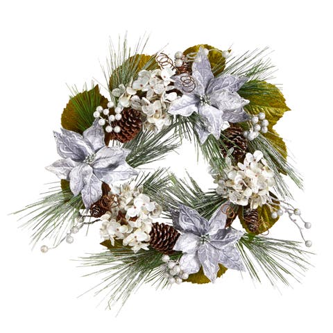 24-in Silver Poinsettia, Hydrangea and Pinecones Artificial Christmas Wreath