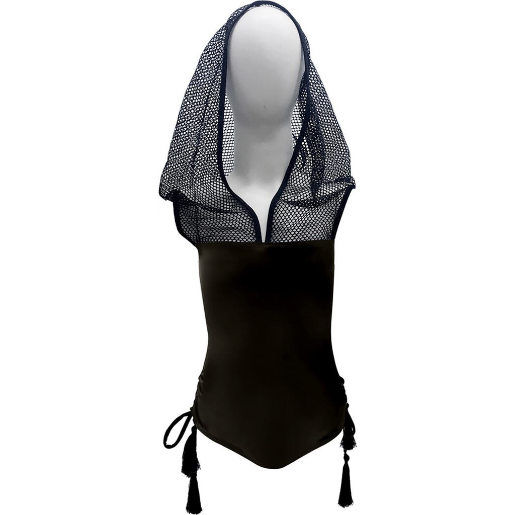 Nessi Byrd Sport Mesh Hooded With Tassel Side-ties One-piece Swimsuit In Black