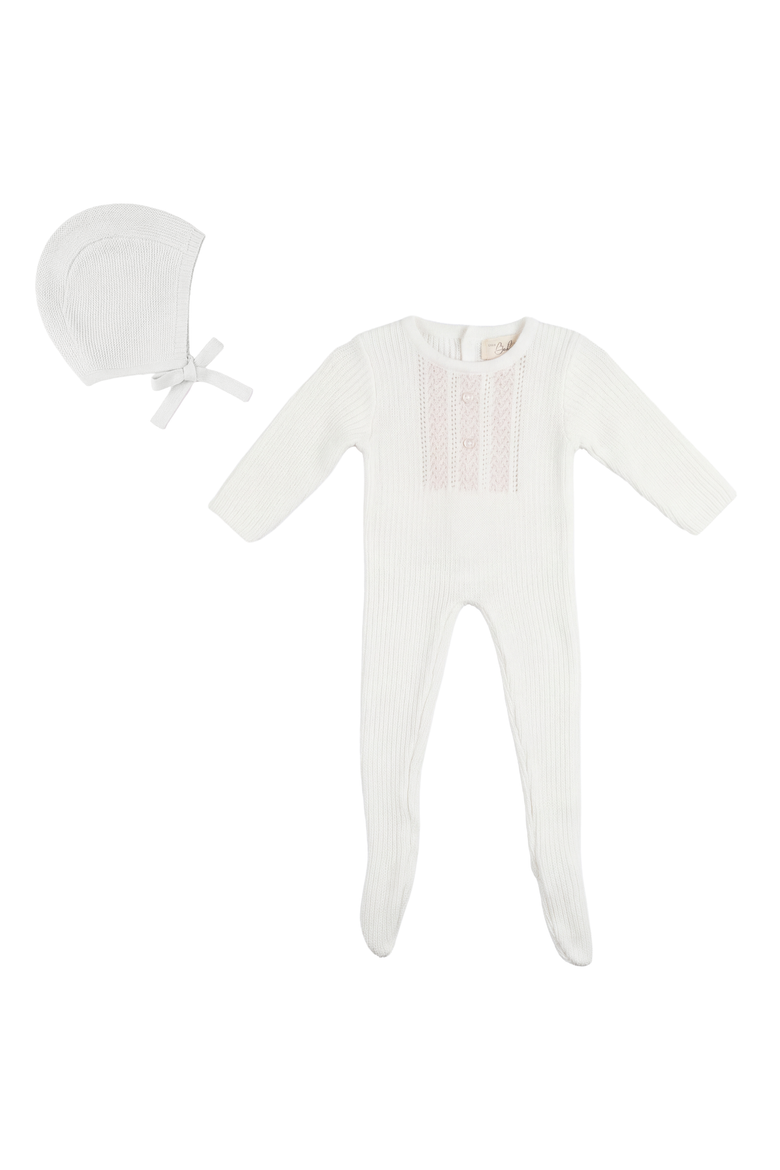 Striped Pointelle Pearl Button Romper with Matching Bonnet, Main, color, White