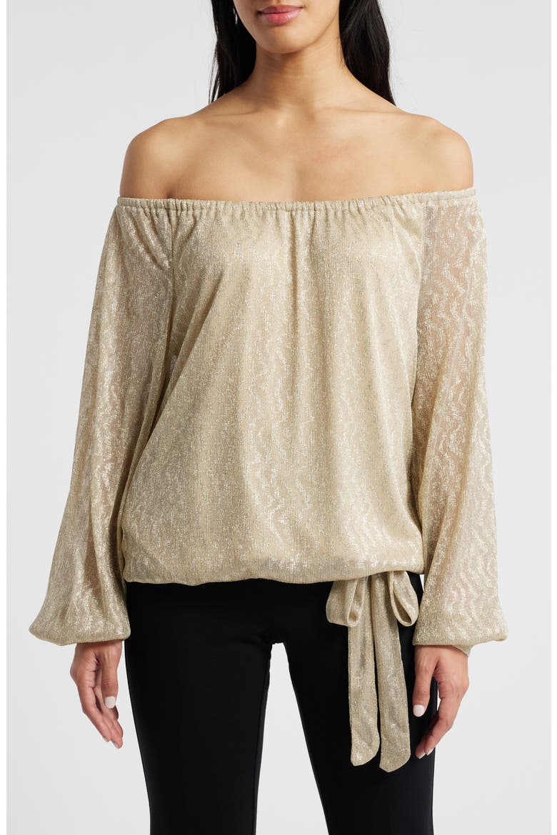 Metallic Tie Hem Off the Shoulder Top, Main, color, GOLD