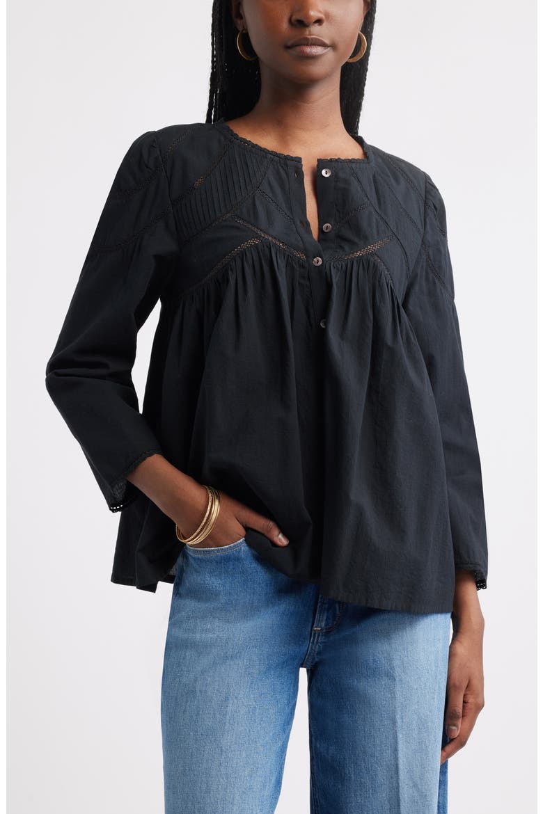 Lace Pintuck Cotton Top, Main, color, BLACK