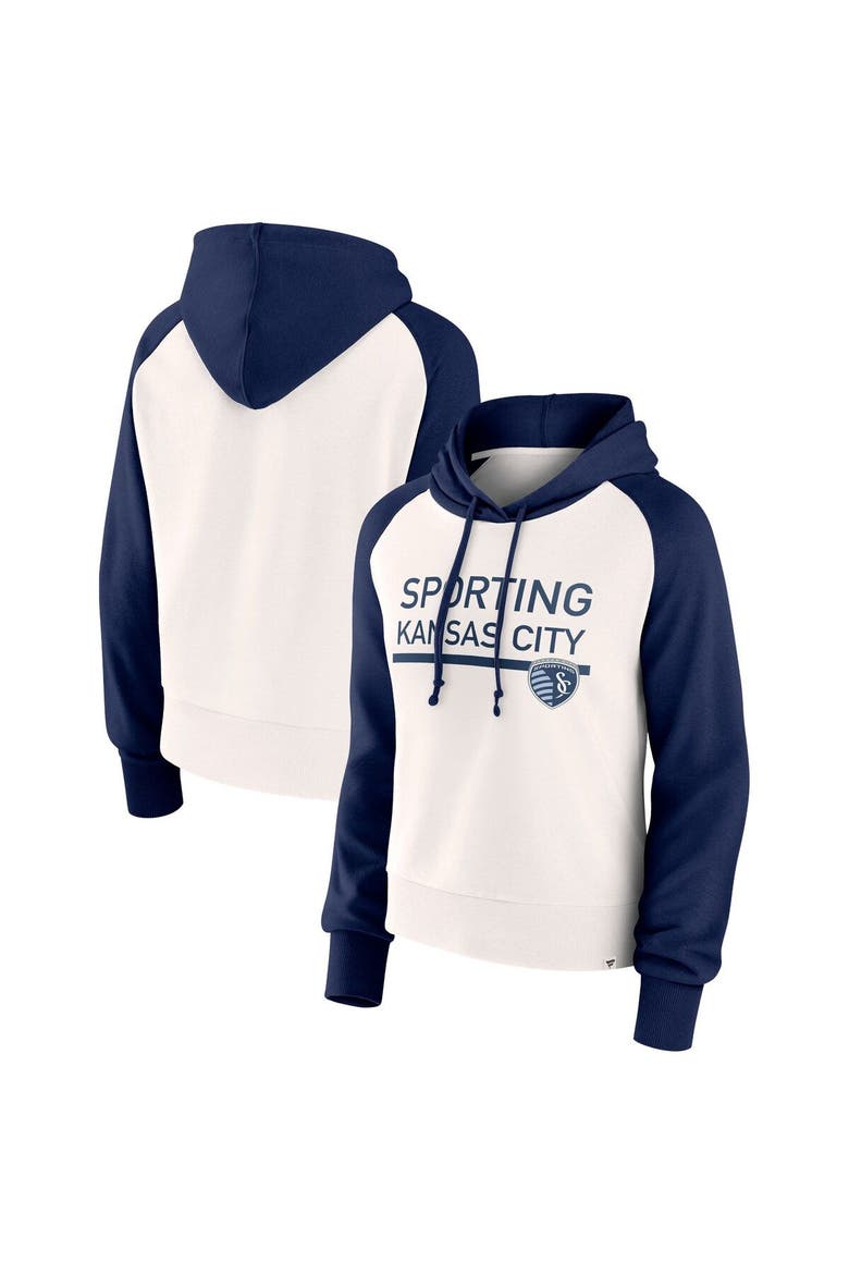 Women's Fanatics Branded White Sporting Kansas City Free Kick Fleece Raglan Pullover Hoodie, Main, color, Navy