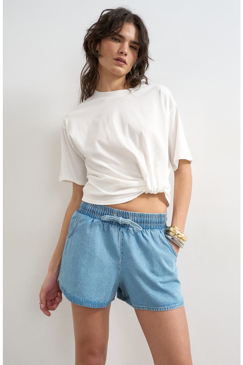 Denim Drawstring Running Shorts, Main, color, MEDIUM BLUE