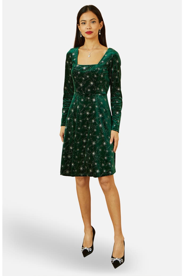 Starburst Foil Print Skater Dress, Main, color, Green