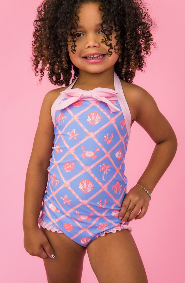 RuffleButts Kids' Tropical Trellis UPF 50+ One-Piece Swimsuit, Alternate, color, Blue