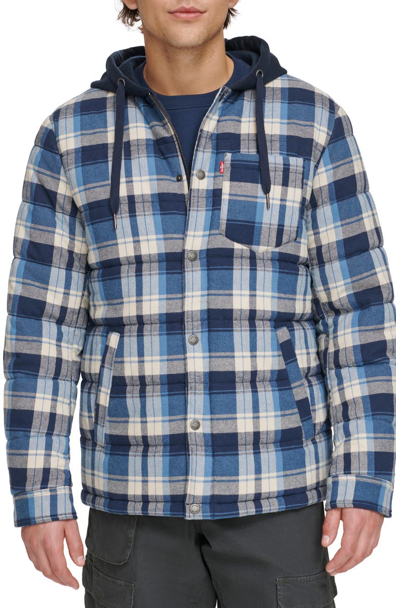 Levi's<sup>®</sup> Quilted Plaid Hooded Shacket, Main, color, Blue Plaid