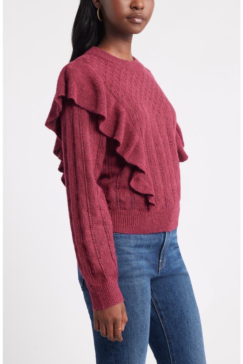 Ruffle Pointelle Sweater, Alternate, color, BURGUNDY RHODE