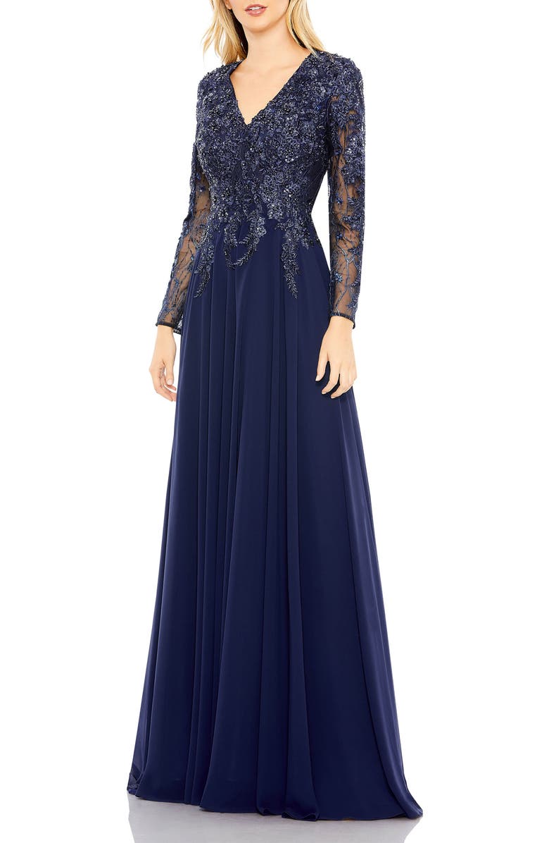 Mac Duggal Women's Floral Embroidered Illusion V-neck A-line Gown, Main, color, Navy