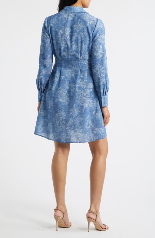 Julia Jordan Floral Pleated Waist Long Sleeve Shirtdress In Blue