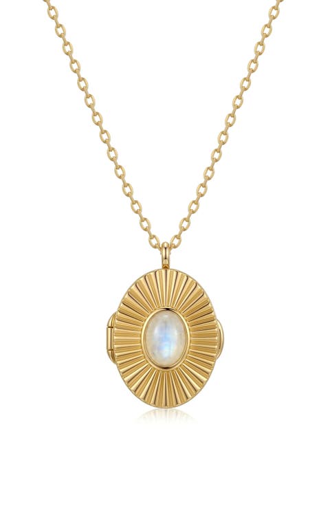 14k Gold Plated Moonstone Sunburst Pendant Necklace