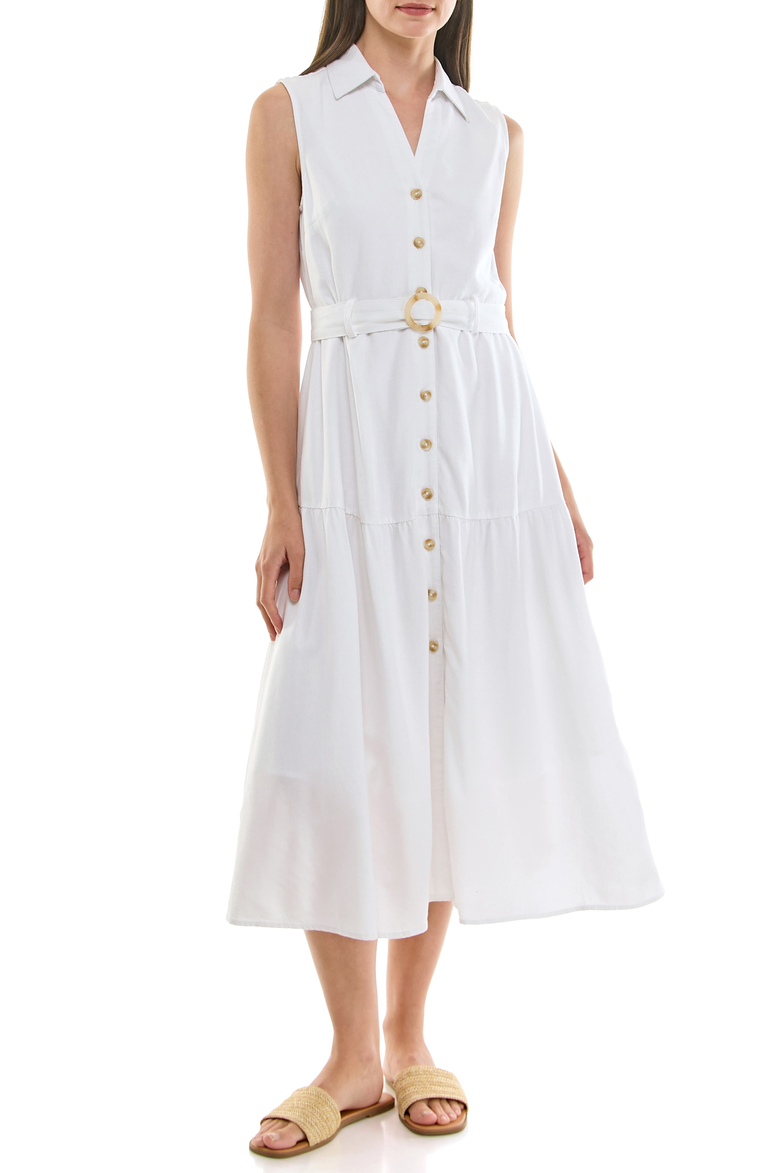 Nicole Miller Sleeveless Belted Linen Shirtdress
