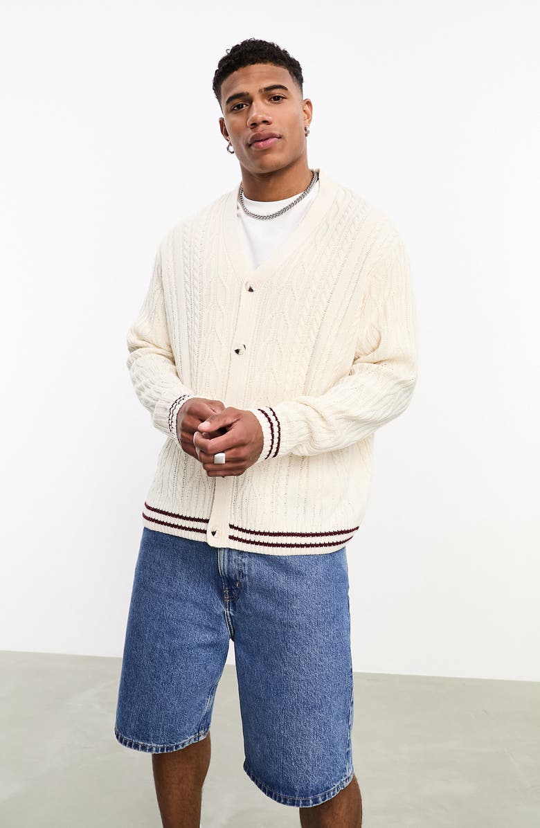 ASOS DESIGN Tipped V-Neck Cable Cricket Cardigan, Main, color, 
